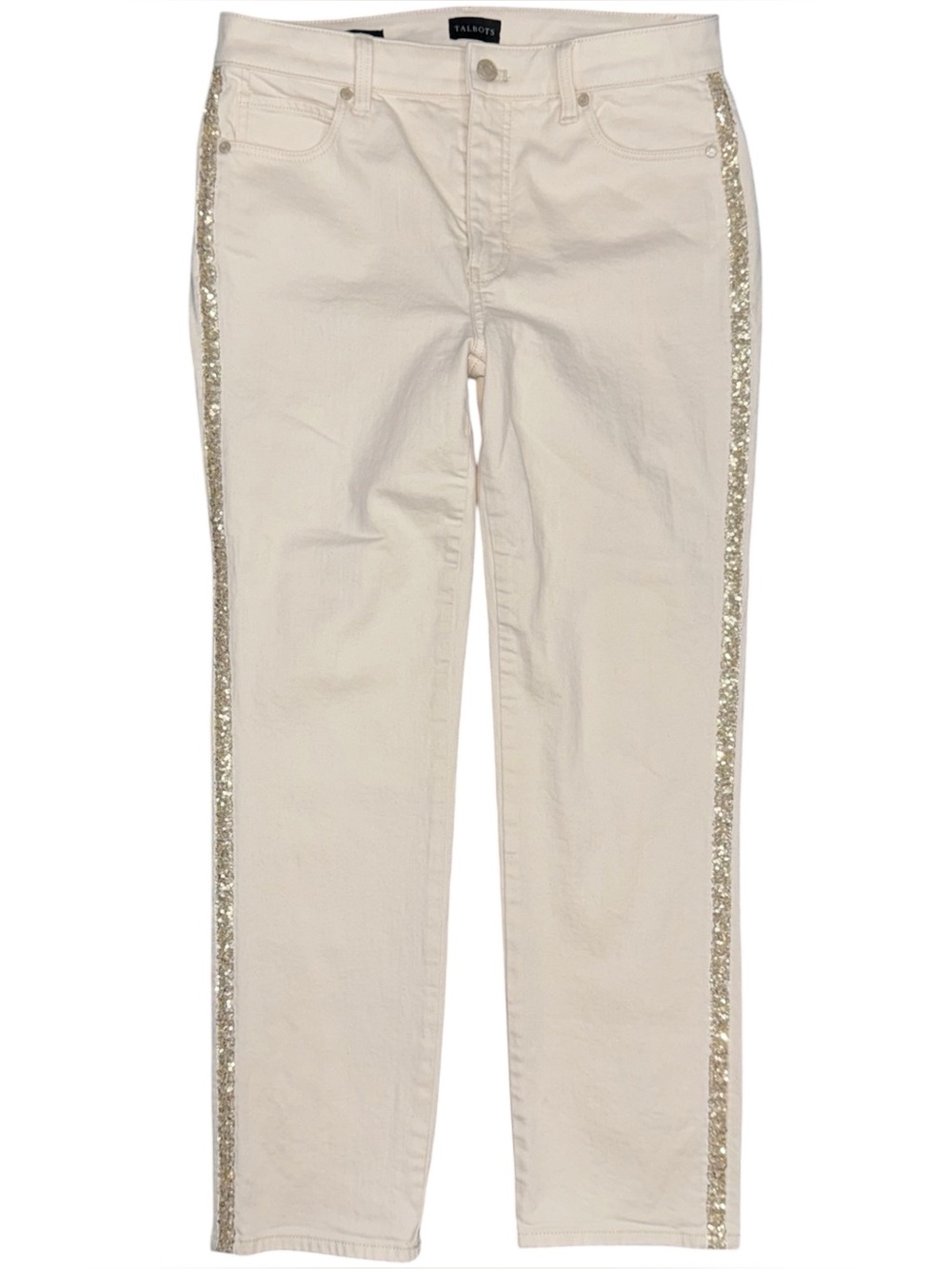 Talbots Straight Leg Jeans Sequin Tuxedo Stripe Natural Ivory Womens Sz 6 Petite